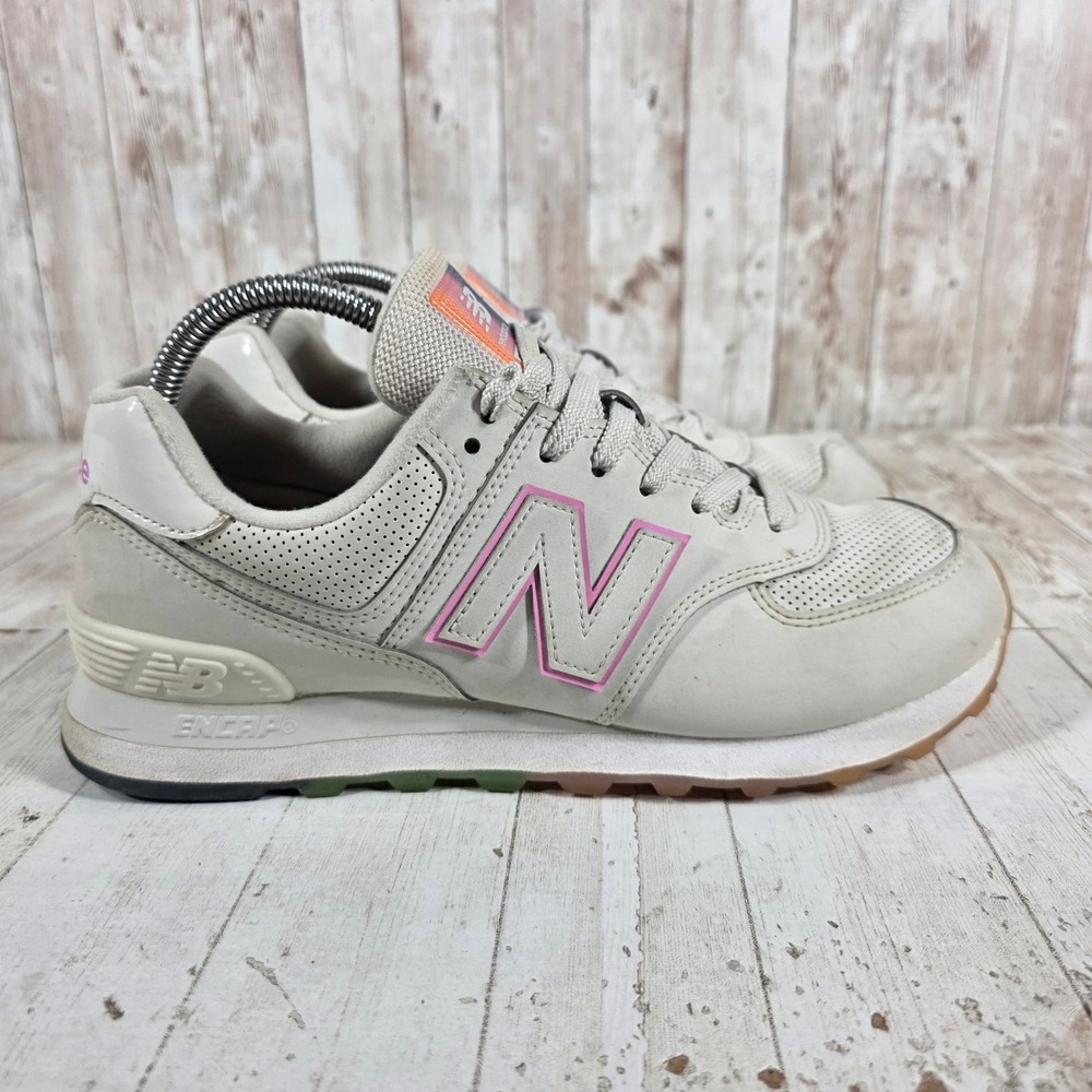 New Balance 574 Womens 9 Cream Pink Rainbow Gradient Sole Sneakers WL574SOL